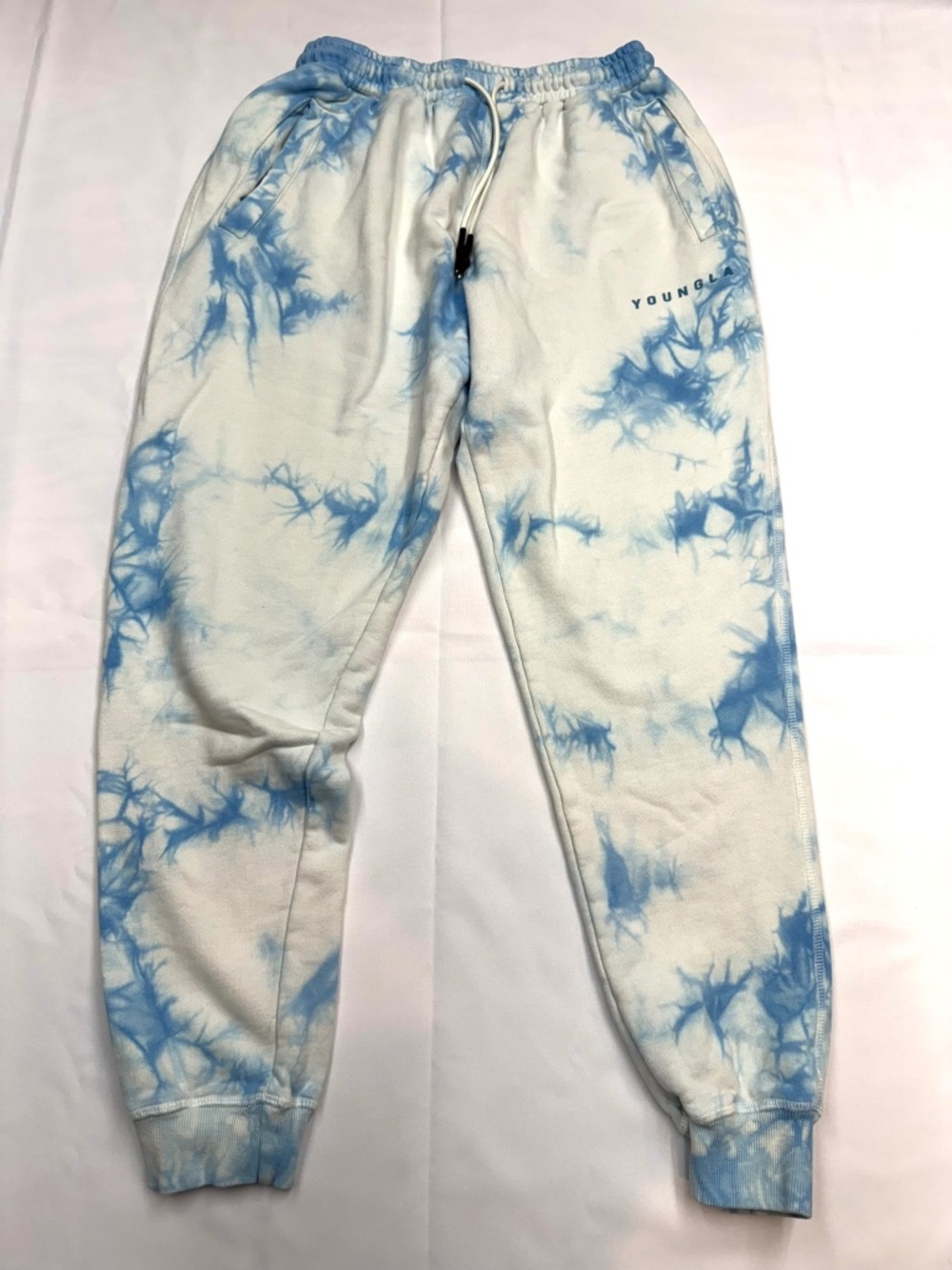 YOUNGA LA Mens Medium Unisex White Blue Tie Dye Sweatpants Jogger Pants
